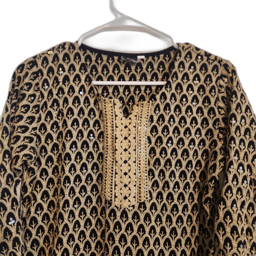 Blossom Casuals Black with Gold Embroidery Kurta with 3/4 Sleeves, Sequins, XL